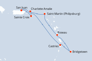 Carte de l'itinéraire de croisière San Juan-San Juan d'une durée de 8 jours