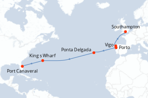 Carte de l'itinéraire de croisière Southampton-Port Canaveral d'une durée de 13 jours