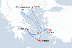 Carte de l'itinéraire de croisière Le Piree - Athenes-Le Piree - Athenes d'une durée de 7 jours
