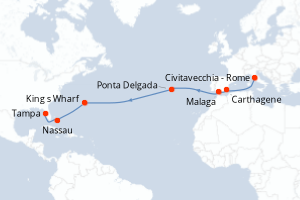 carte itinéraire croisière Transatlantique 16 jours au départ du port de Civitavecchia - Rome