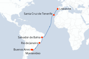 Carte de l'itinéraire de croisière Lisbonne-Buenos Aires d'une durée de 15 jours