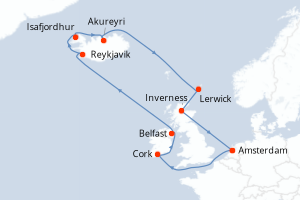 carte itinéraire croisière Europe du Nord 13 jours au départ du port de Amsterdam