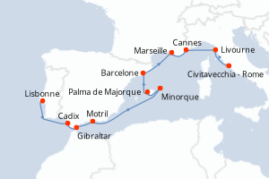 carte itinéraire croisière Méditerranée 10 jours au départ du port de Lisbonne