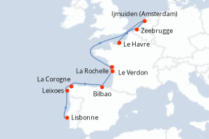 carte itinéraire croisière Europe du Nord 9 jours au départ du port de Lisbonne