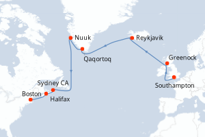 carte itinéraire croisière Transatlantique 15 jours au départ du port de Southampton