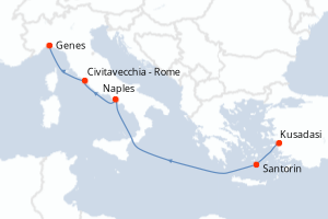 Carte de l'itinéraire de croisière Kusadasi-Genes d'une durée de 5 jours