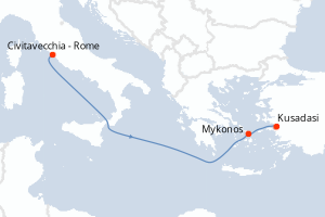 Carte de l'itinéraire de croisière Civitavecchia - Rome-Kusadasi d'une durée de 3 jours