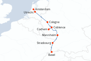 carte itinéraire croisière Rhin Main Moselle 7 jours au départ du port de Amsterdam