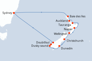 Carte de l'itinéraire de croisière Sydney-Sydney d'une durée de 13 jours