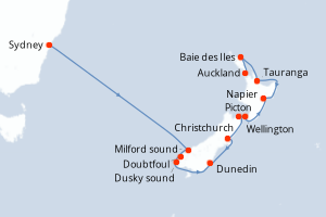 Carte itinéraire croisière Australie, Nouvelle-Zélande - 11 jours au départ de Sydney - Australie Nouvelle Zélande