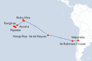Carte de l'itinéraire de croisière Valparaíso-Papeete d'une durée de 21 jours