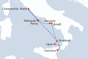 Carte de l'itinéraire de croisière Civitavecchia - Rome-Civitavecchia - Rome d'une durée de 6 jours