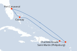 carte itinéraire croisière Caraïbes Bahamas 7 jours au départ du port de Port Canaveral