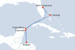 carte itinéraire croisière Caraïbes Bahamas 7 jours au départ du port de Port Canaveral