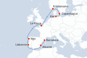 carte itinéraire croisière Méditerranée 10 jours au départ du port de Kiel