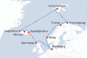 carte itinéraire croisière Fjörds norvégiens 17 jours au départ du port de Hambourg
