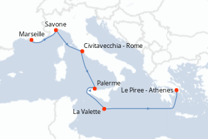 Carte de l'itinéraire de croisière Marseille-Le Piree - Athenes d'une durée de 6 jours