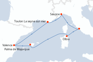 carte itinéraire croisière Sardaigne 7 jours au départ du port de Toulon La seyne sur mer