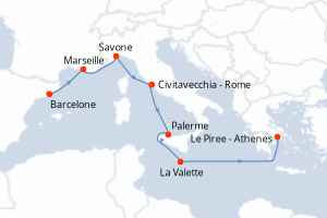 Carte de l'itinéraire de croisière Barcelone-Le Piree - Athenes d'une durée de 7 jours