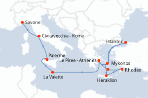 carte itinéraire croisière Sicile 12 jours au départ du port de Le Piree - Athenes