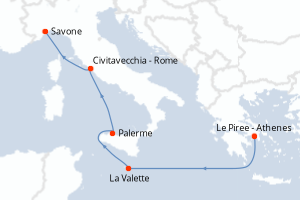 carte itinéraire croisière Sicile 5 jours au départ du port de Le Piree - Athenes