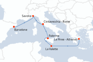 carte itinéraire croisière Sicile 6 jours au départ du port de Le Piree - Athenes