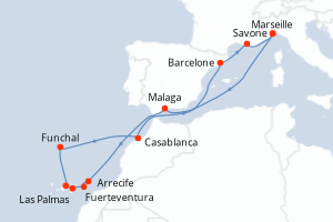 carte itinéraire croisière Méditerranée 14 jours au départ du port de Savone