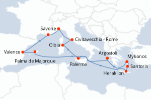 carte itinéraire croisière Sicile 14 jours au départ du port de Savone
