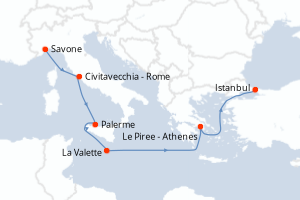 Carte de l'itinéraire de croisière Savone-Istanbul d'une durée de 7 jours