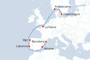 carte itinéraire croisière Méditerranée 9 jours au départ du port de Copenhague
