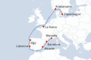 carte itinéraire croisière Méditerranée 10 jours au départ du port de Copenhague