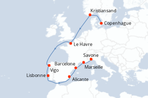 carte itinéraire croisière Méditerranée 11 jours au départ du port de Copenhague