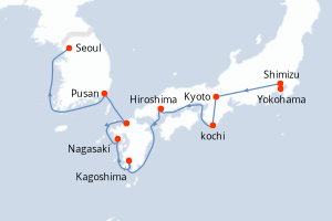 Carte de l'itinéraire de croisière Yokohama-Seoul d'une durée de 12 jours