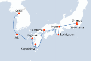 carte itinéraire croisière Asie 12 jours au départ du port de Seoul
