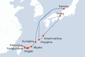 Carte de l'itinéraire de croisière Osaka-Ishigaki d'une durée de 11 jours