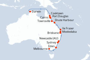 Carte de l'itinéraire de croisière Melbourne-Darwin d'une durée de 22 jours