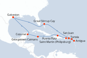 Carte de l'itinéraire de croisière Galveston-Galveston d'une durée de 14 jours