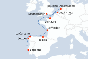 carte itinéraire croisière Atlantique 9 jours au départ du port de Southampton