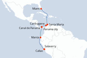 Carte de l'itinéraire de croisière Miami-Callao d'une durée de 12 jours