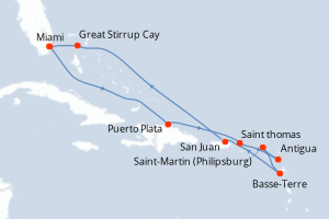 carte itinéraire croisière Caraïbes Bahamas 10 jours au départ du port de Miami