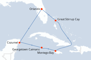 Carte de l'itinéraire de croisière Orlando-Orlando d'une durée de 7 jours