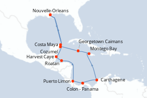 carte itinéraire croisière Caraïbes Mexique 14 jours au départ du port de Nouvelle-Orleans