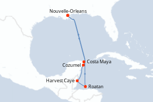 Carte de l'itinéraire de croisière Nouvelle-Orleans-Nouvelle-Orleans d'une durée de 7 jours