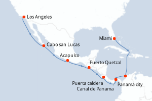 Carte itinéraire croisière Mexique, Guatemala, Porto Rico, Panama, Colombie, États-Unis - 15 jours au départ de Los Angeles - Caraïbes Bahamas