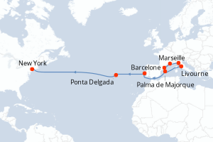 carte itinéraire croisière Transatlantique 15 jours au départ du port de Barcelone