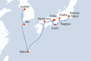 Carte de l'itinéraire de croisière Inchon-Tokyo d'une durée de 11 jours