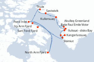 Carte de l'itinéraire de croisière Kangerlussuaq-Kangerlussuaq d'une durée de 16 jours