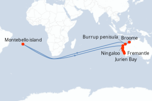Carte de l'itinéraire de croisière Broome-Fremantle d'une durée de 10 jours