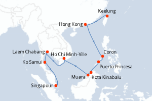 Carte de l'itinéraire de croisière Keelung-Singapour d'une durée de 14 jours