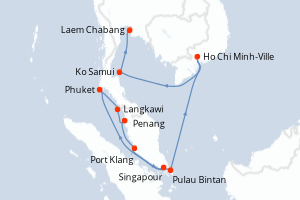 Carte de l'itinéraire de croisière Singapour-Laem Chabang d'une durée de 12 jours